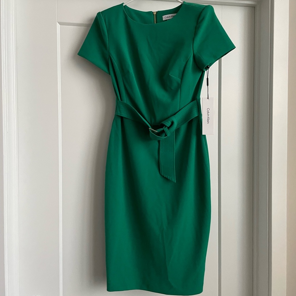 Calvin Klein Green Sheath Midi Dress with Tie Front